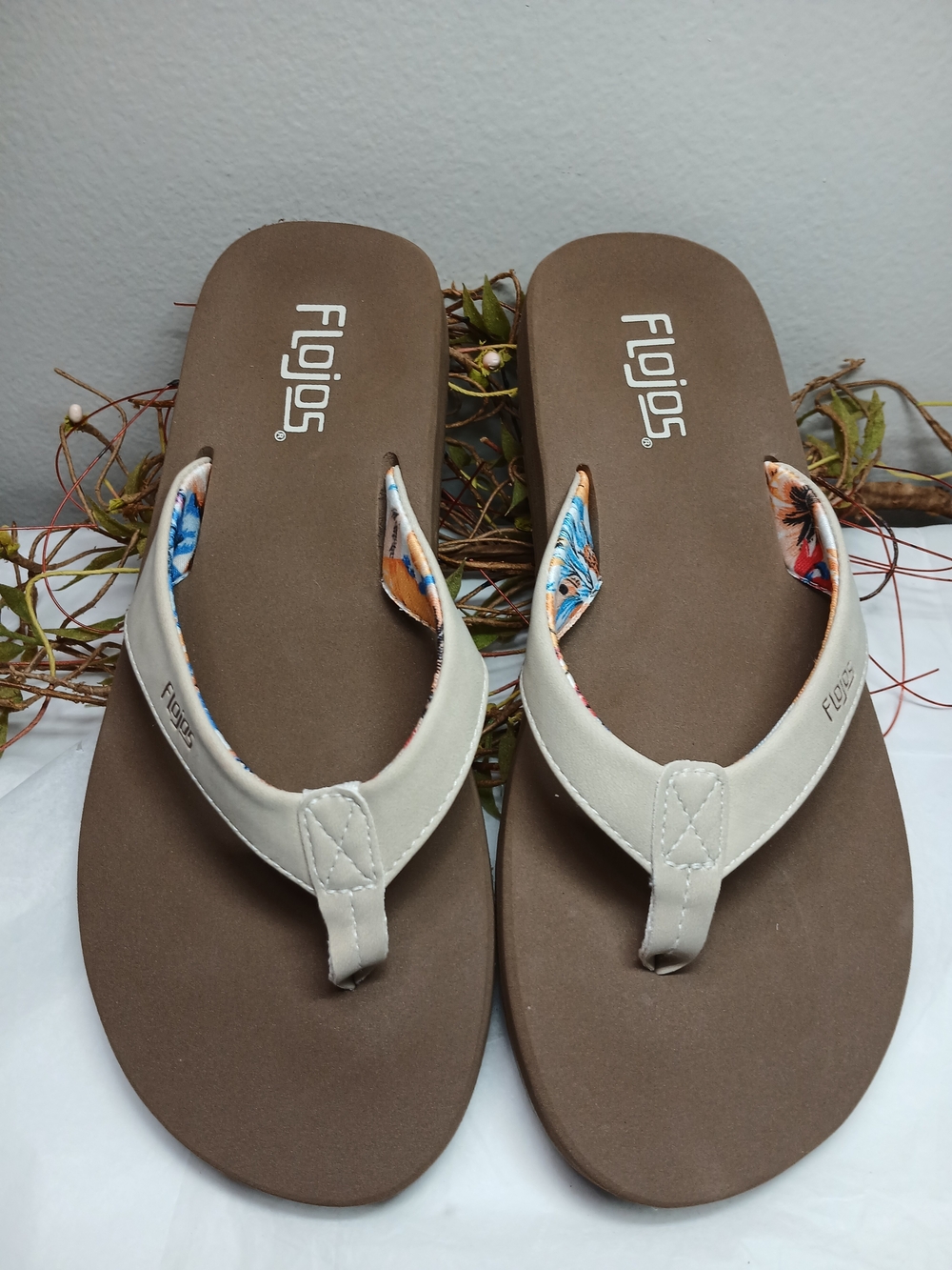 Flojos Cream Strap Brown Footbed Sandals with Floral Accents